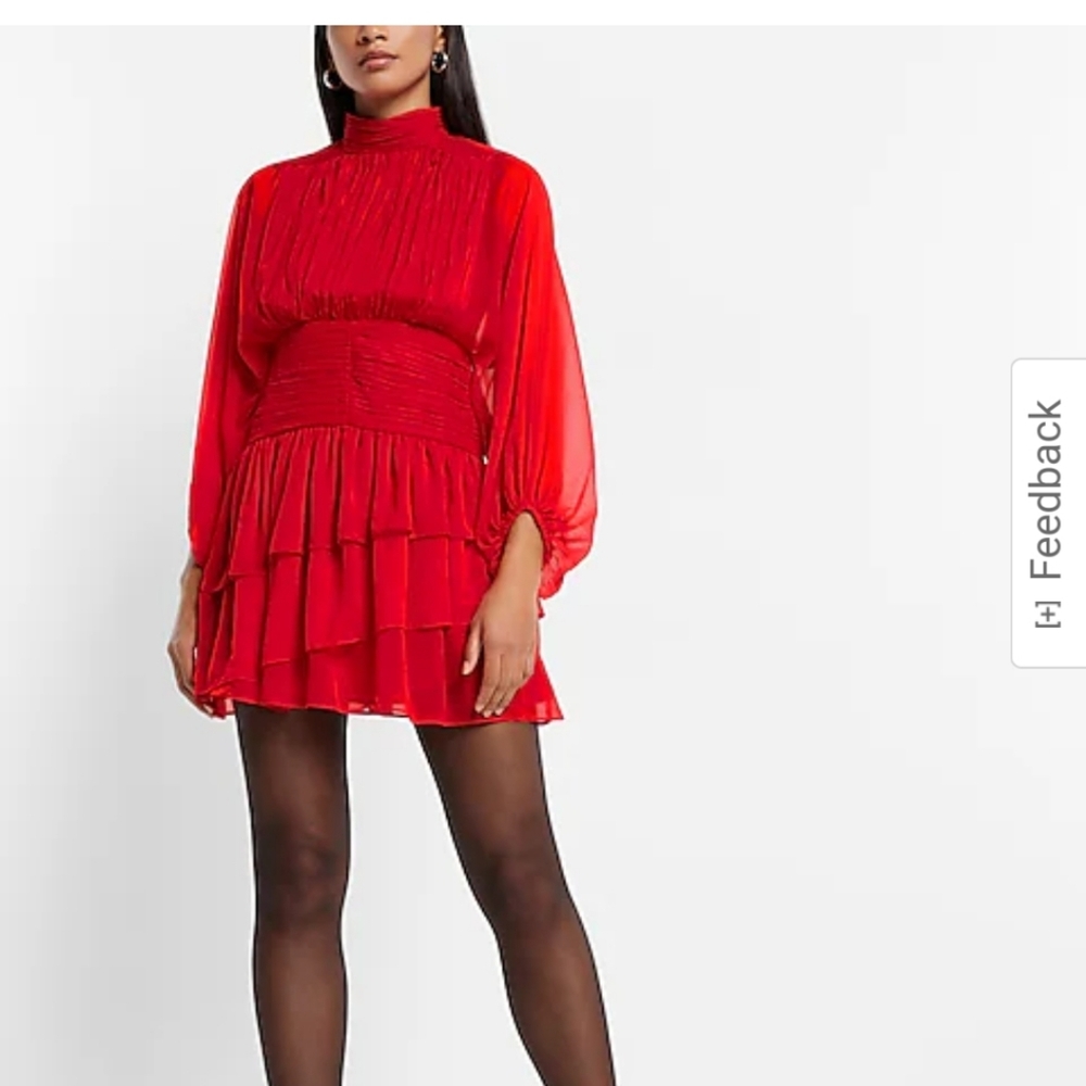 Mock Neck Long Sleeve Pleated Waist Tiered Ruffled Mini Dress